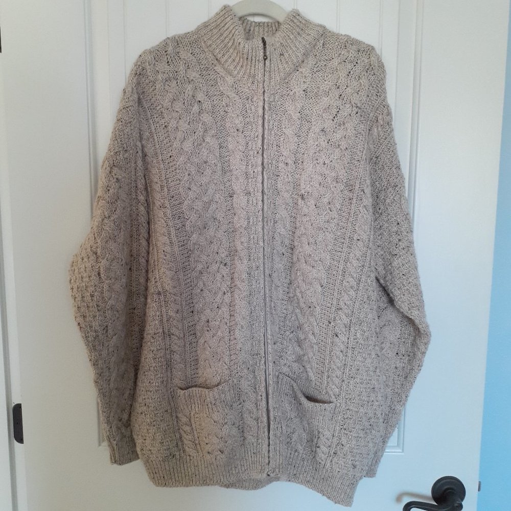Aran Woollen Mills Wool Zip Front Mock Neck Sweater with Pockets Tan Size XL